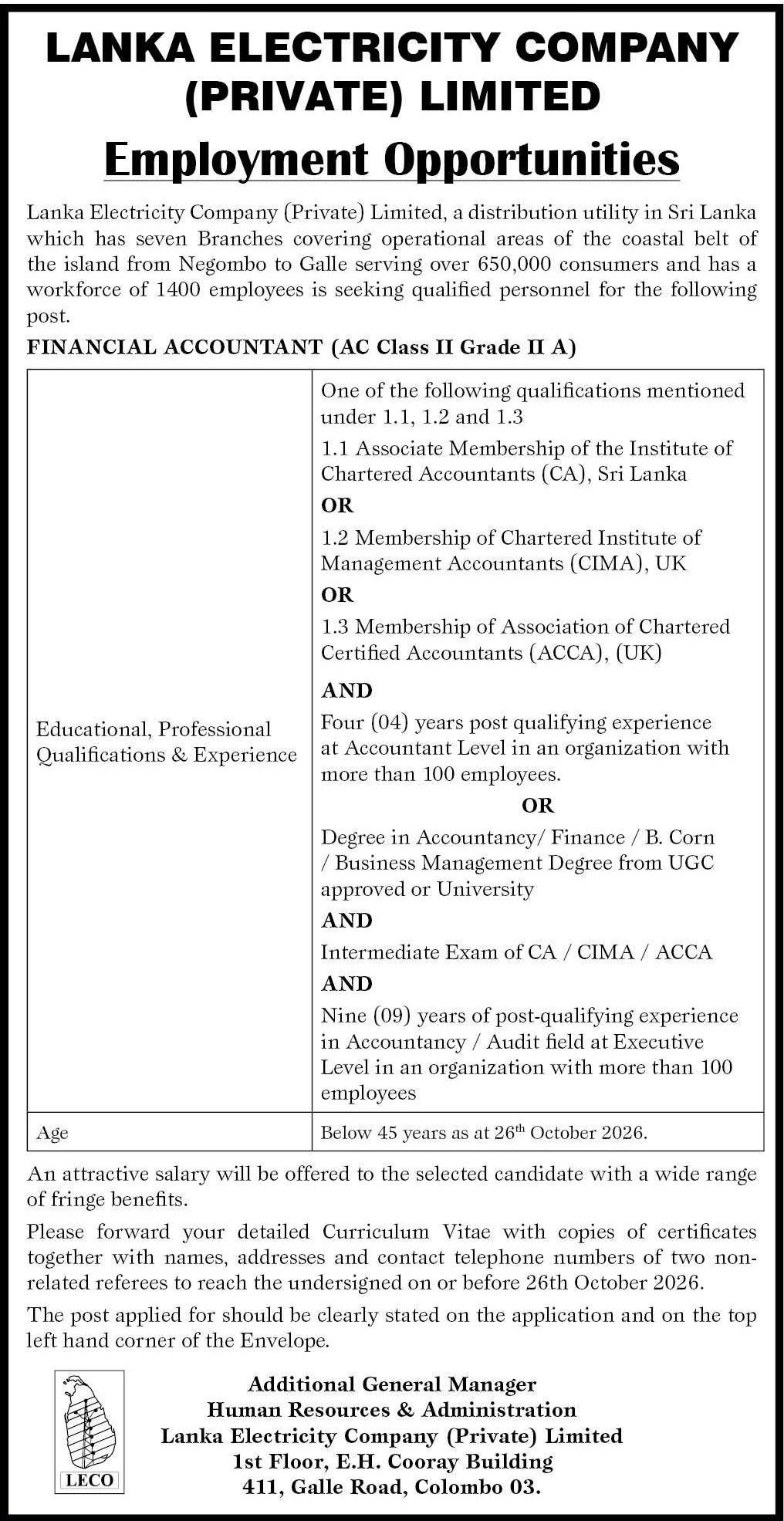Financial Accountant - Lanka Electricity Company (Private) Limited job notice