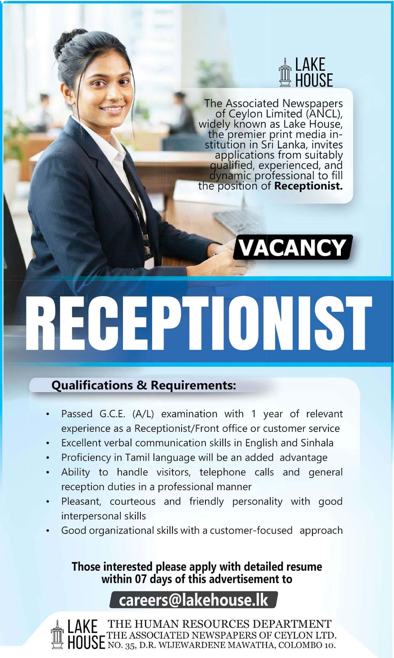 Receptionist - Lake House job notice