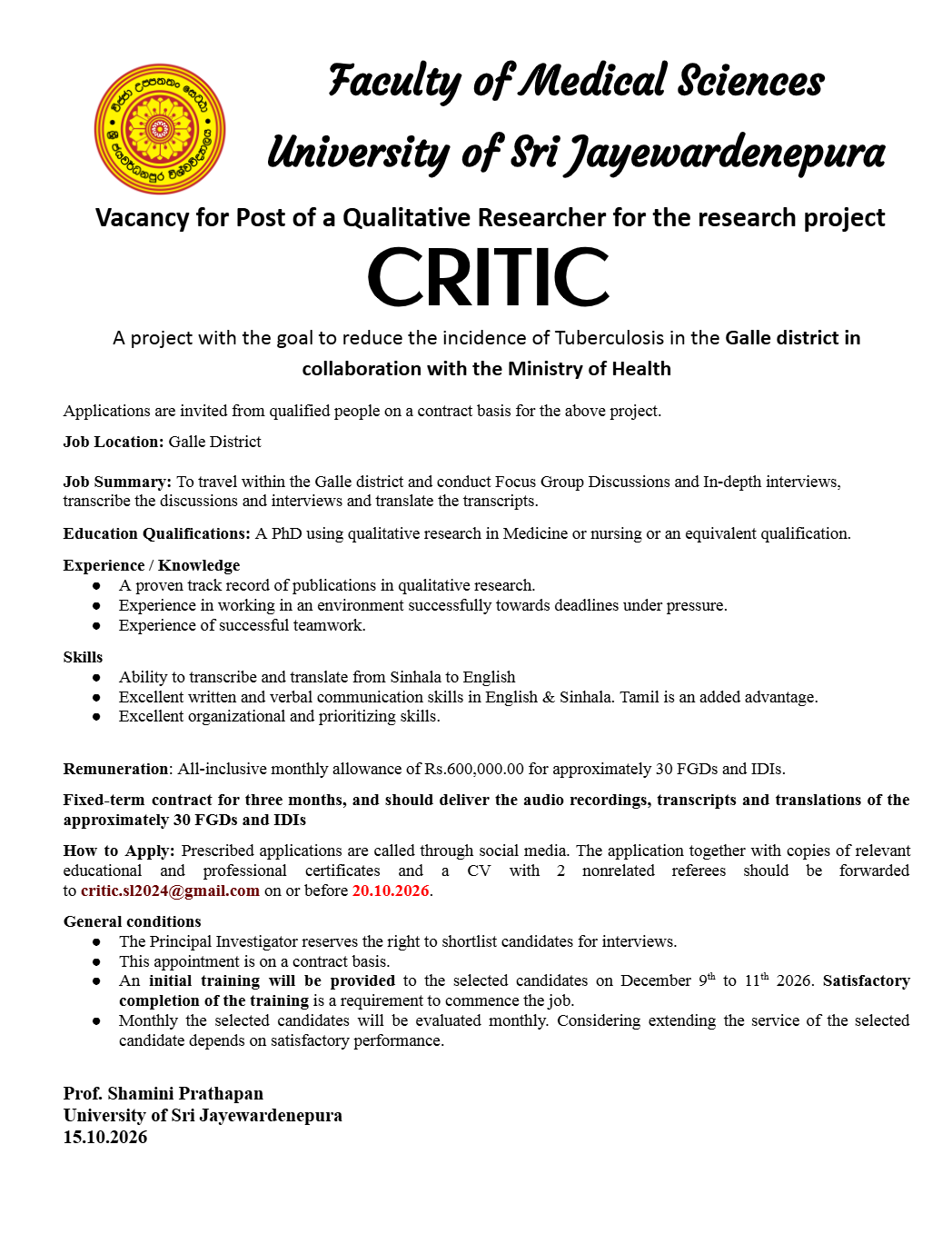 Qualitative Researcher - University of Sri Jayewardenepura job notice