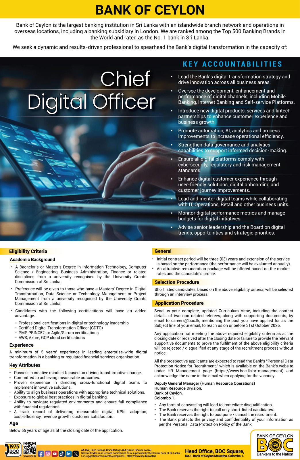 Chief Digital Officer - Bank of Ceylon job notice