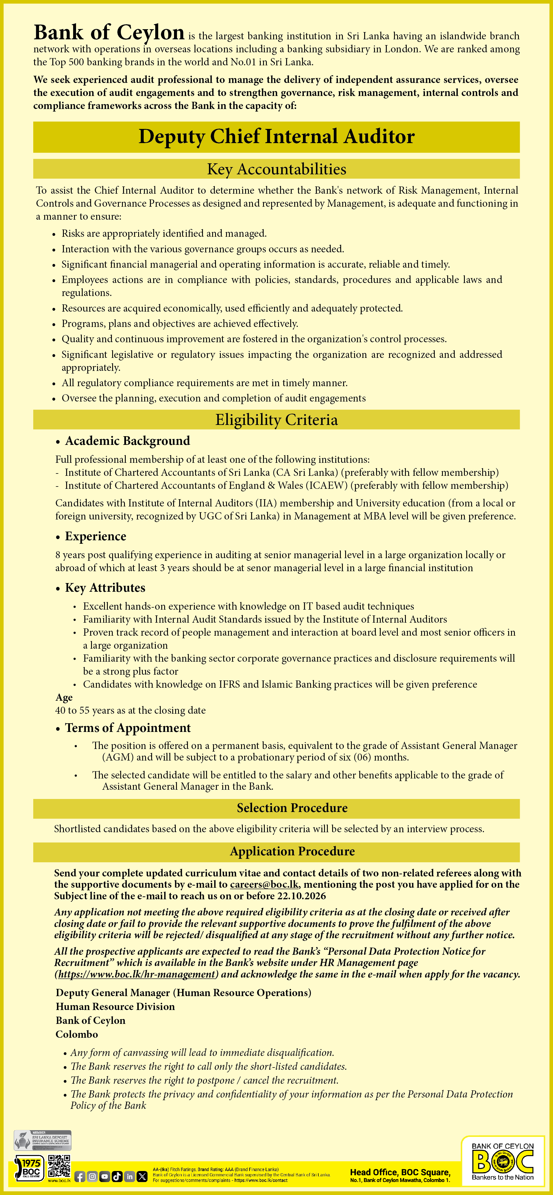 Deputy Chief Internal Auditor - Bank of Ceylon job notice