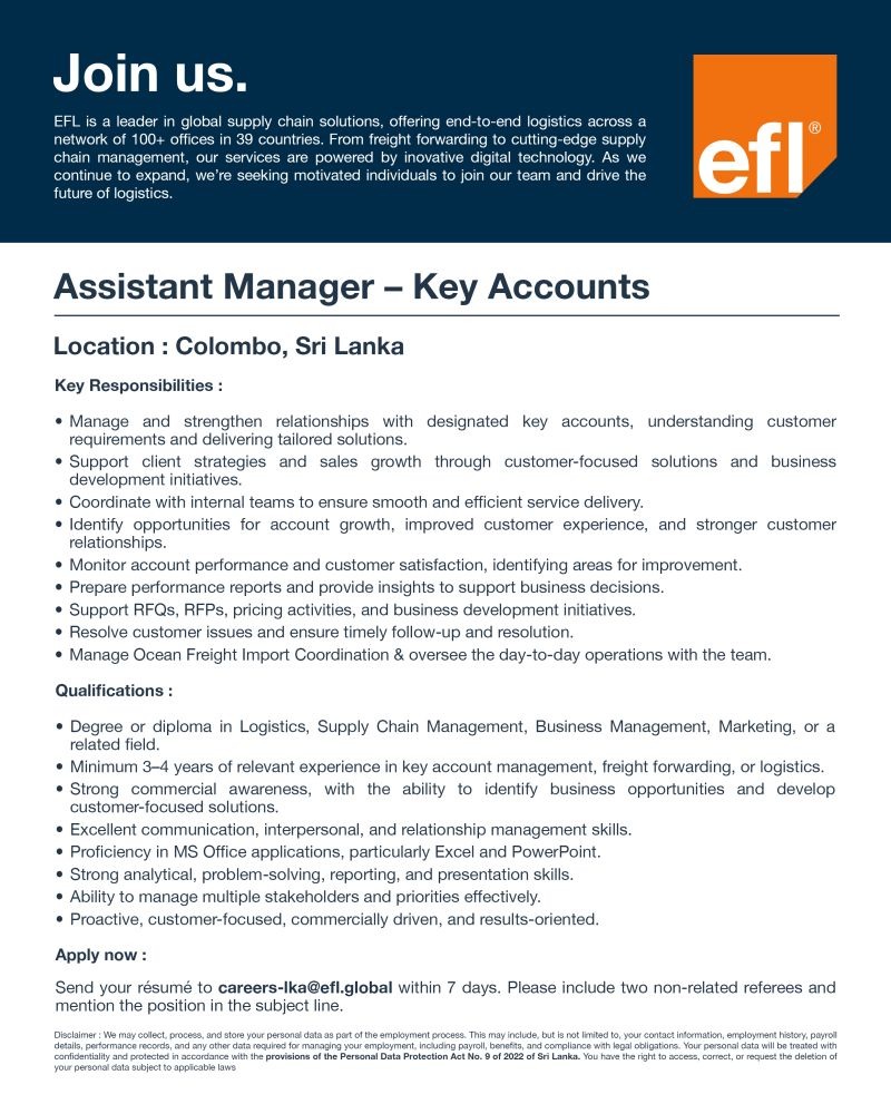 Assistant Manager - EFL Global job notice