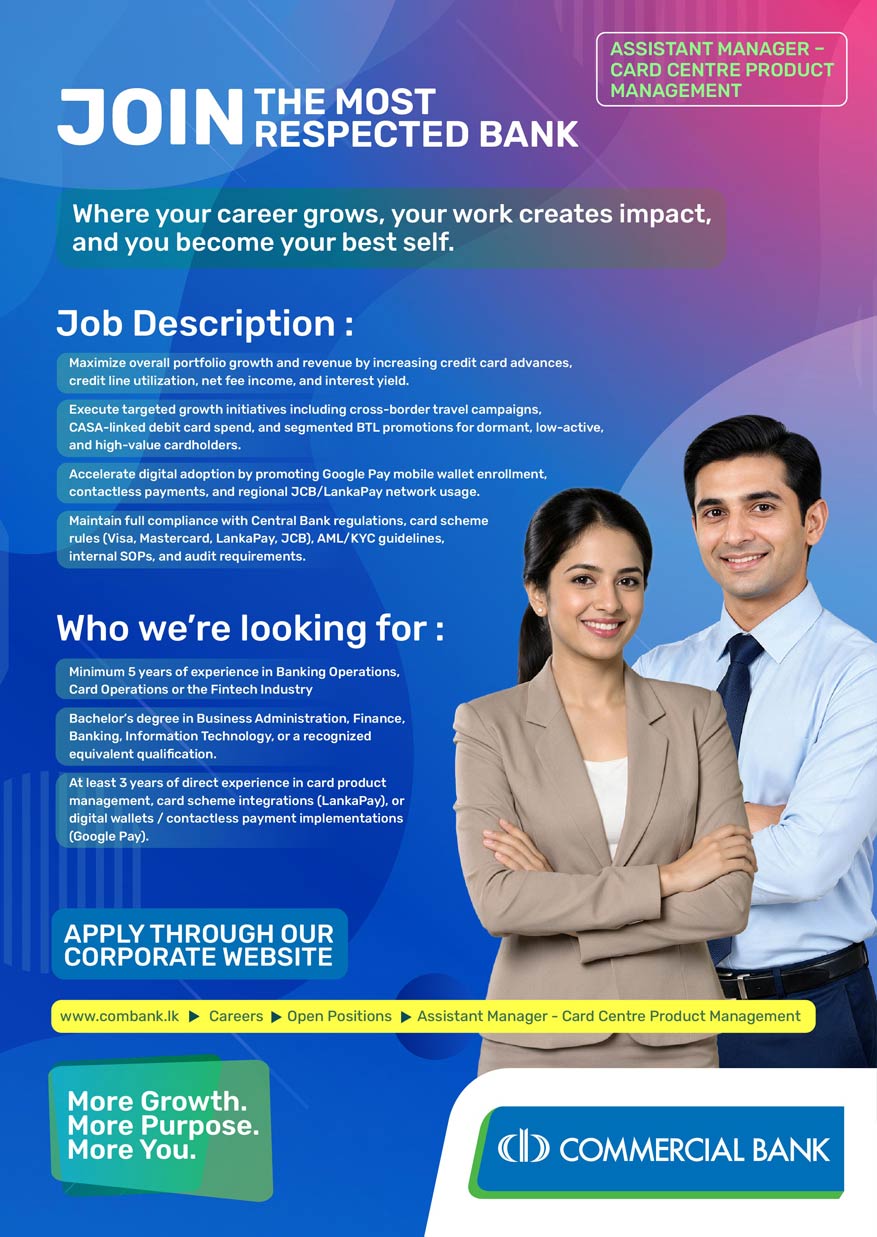 Assistant Manager – Card Centre Product Management - Commercial Bank job notice