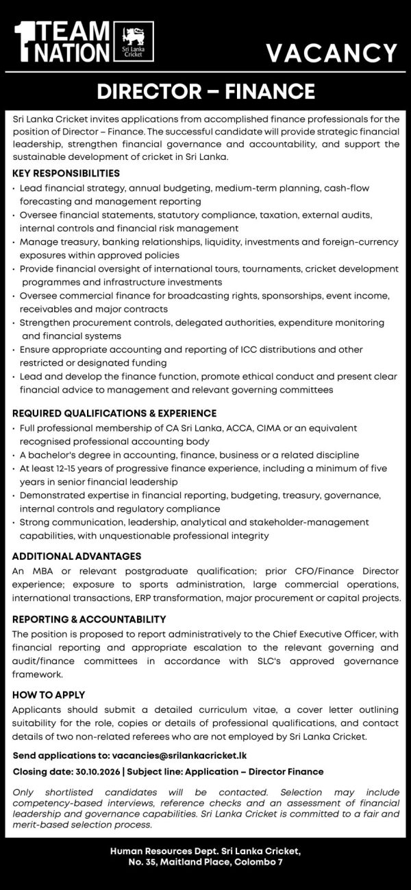 Director - Sri Lanka Cricket job notice