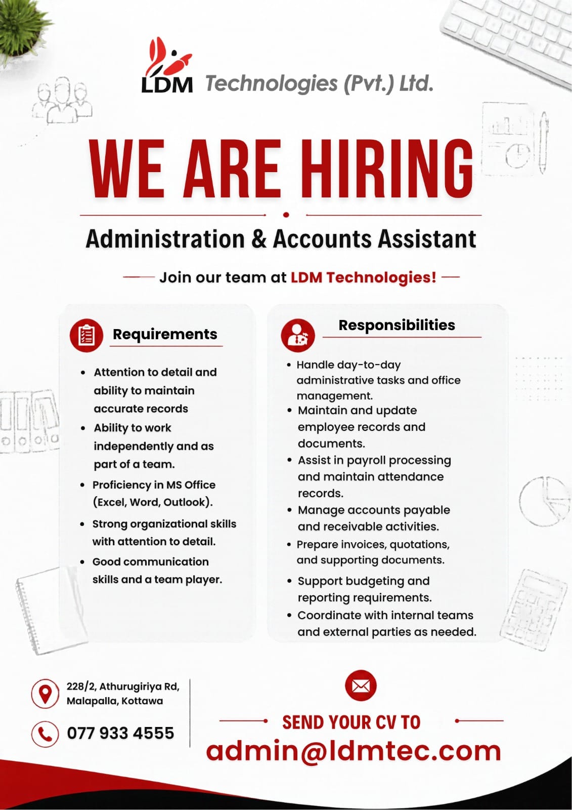Administration & Accounts Assistant - LDM Technologies (Pvt.) Ltd job notice