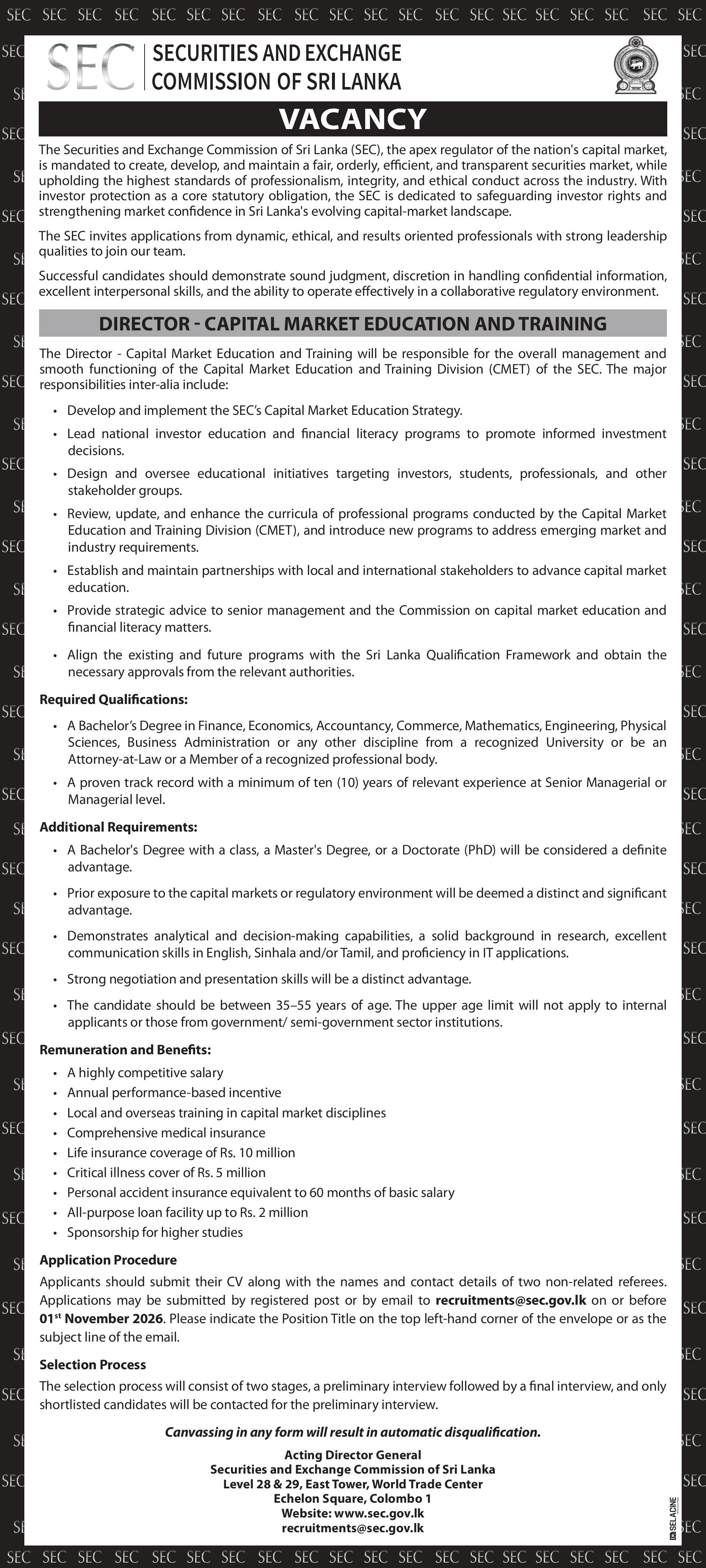 Director - Securities and Exchange Commission of Sri Lanka job notice
