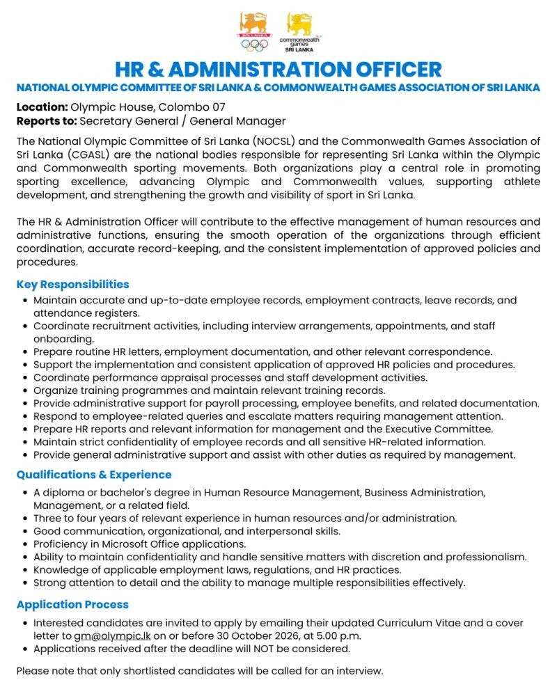 HR & ADMINISTRATION - NOC Sri Lanka and CGA Sri Lanka job notice