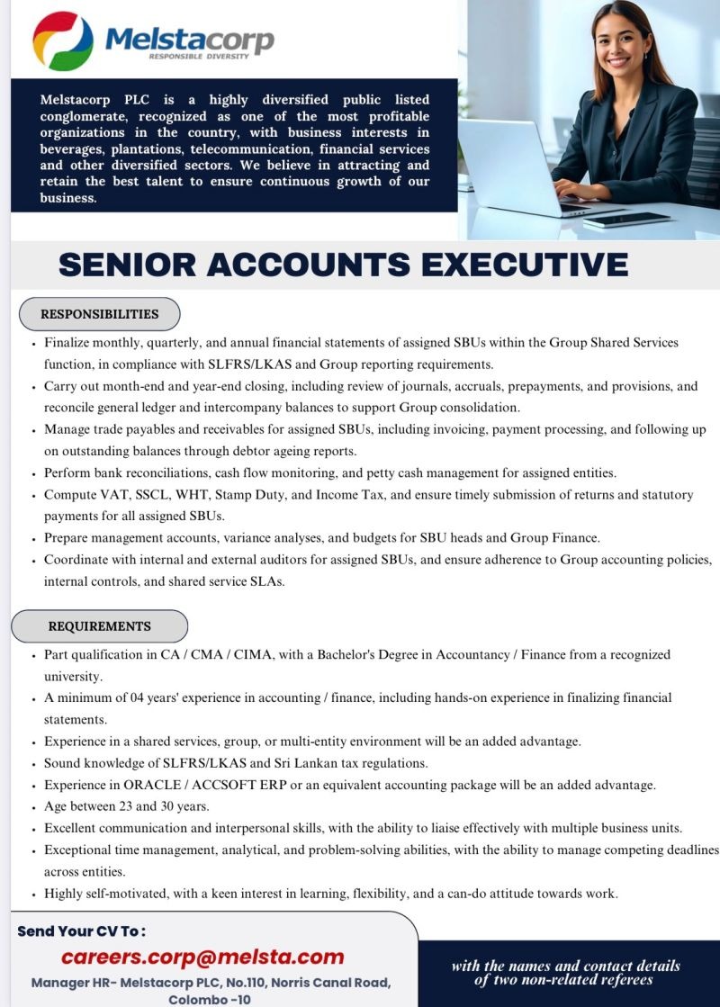 Senior Accounts Executive - Melstacorp PLC job notice