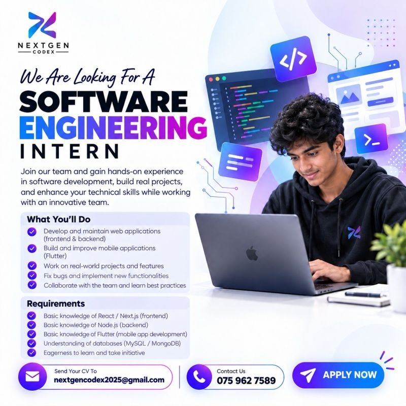 Software Engineering Intern - NextGen CodeX (Pvt) Ltd job notice