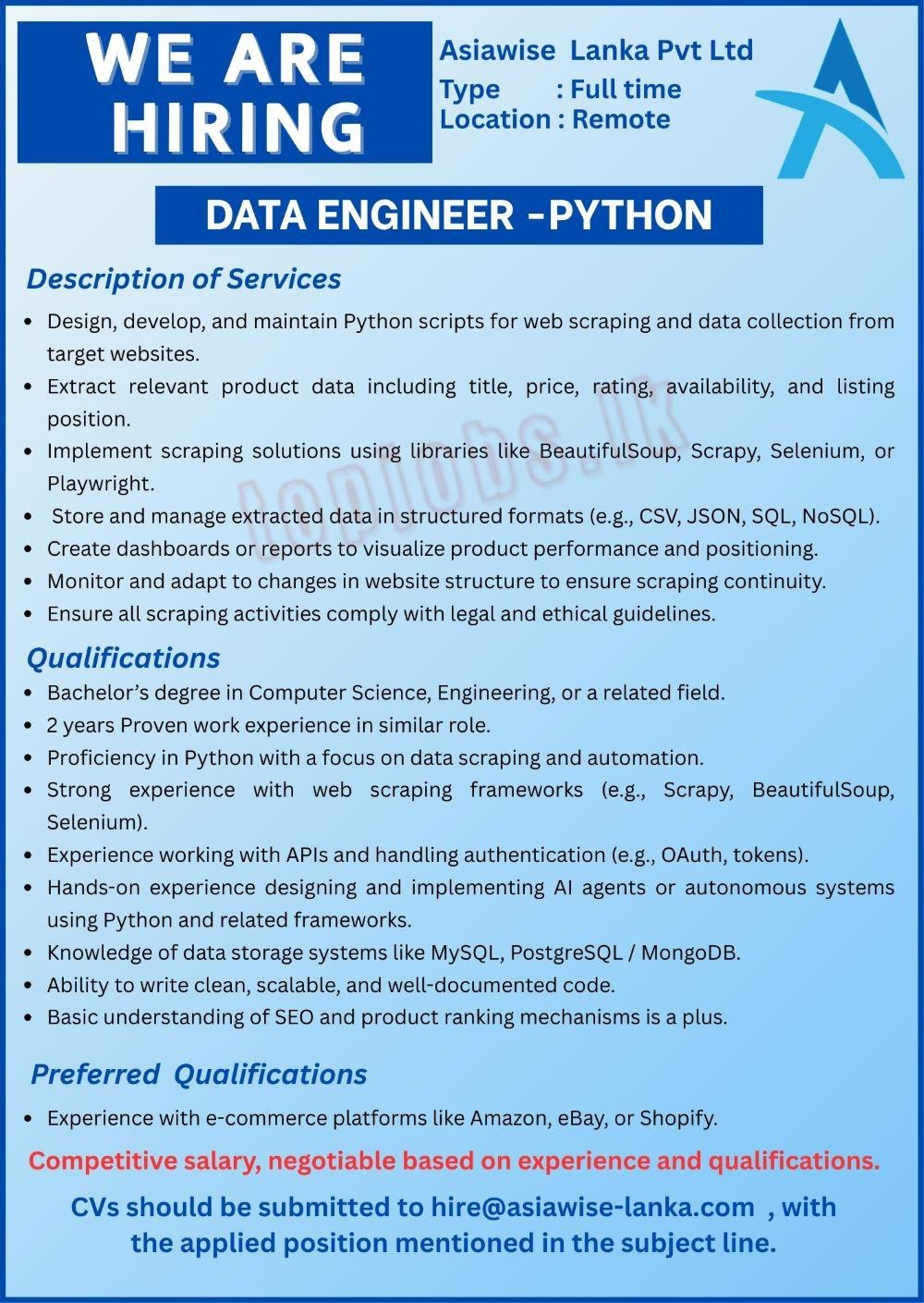 Data Engineer - Python - Asiawise Lanka Pvt Ltd job notice