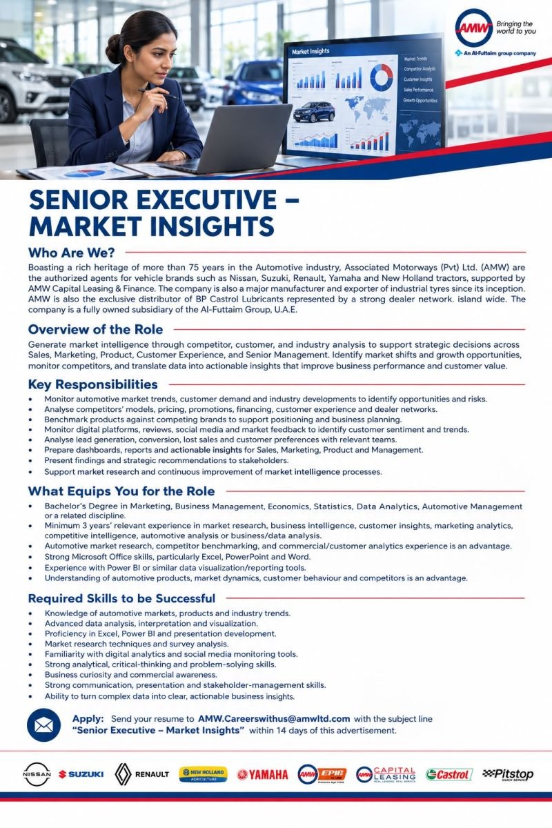 Senior Executive - Market Insights    - Associated Motorways (Pvt) Ltd (AMW) job notice