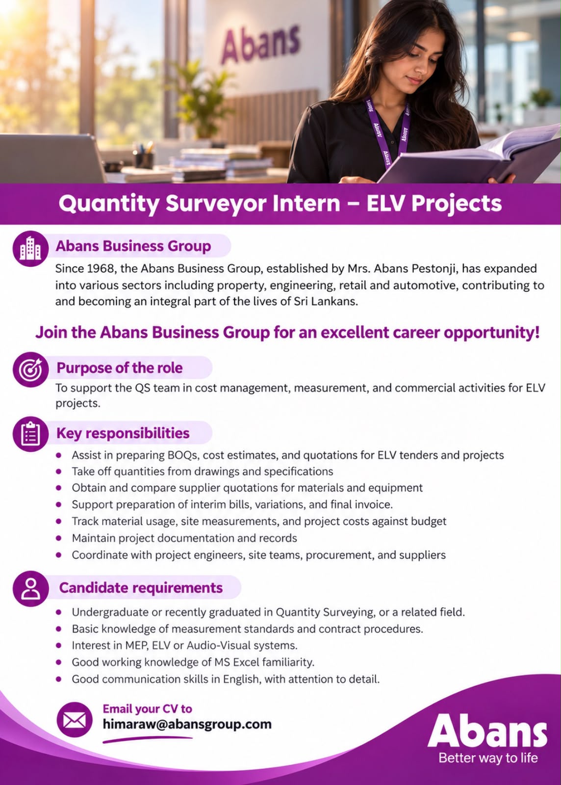 Quantity Surveyor Intern – ELV Projects    - Abans Business Group job notice