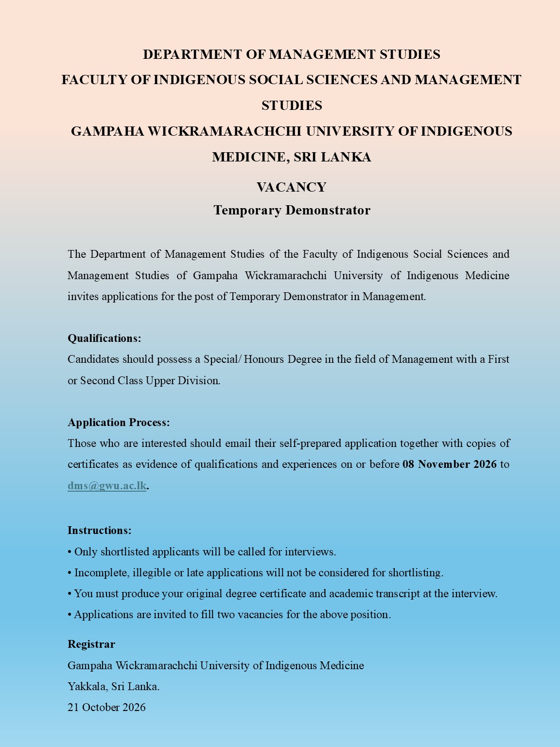 Demonstrator - Gampaha Wickramarachchi University of Indigenous Medicine job notice