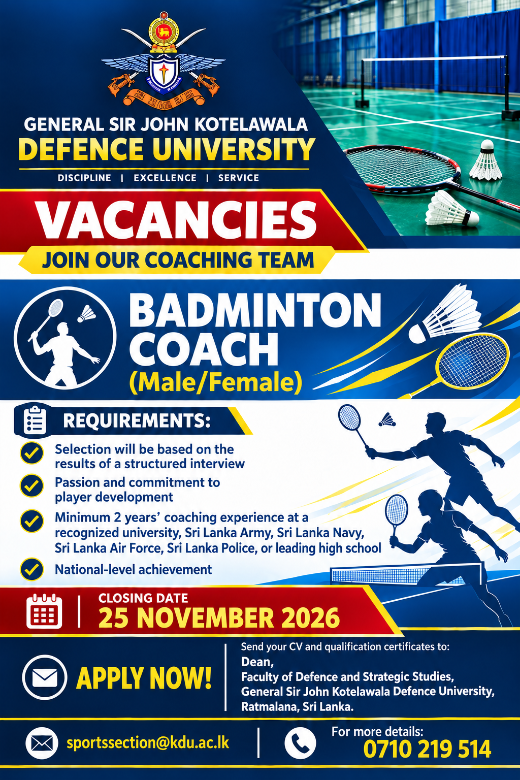 Badminton Coach - General Sir John Kotelawala Defence University job notice