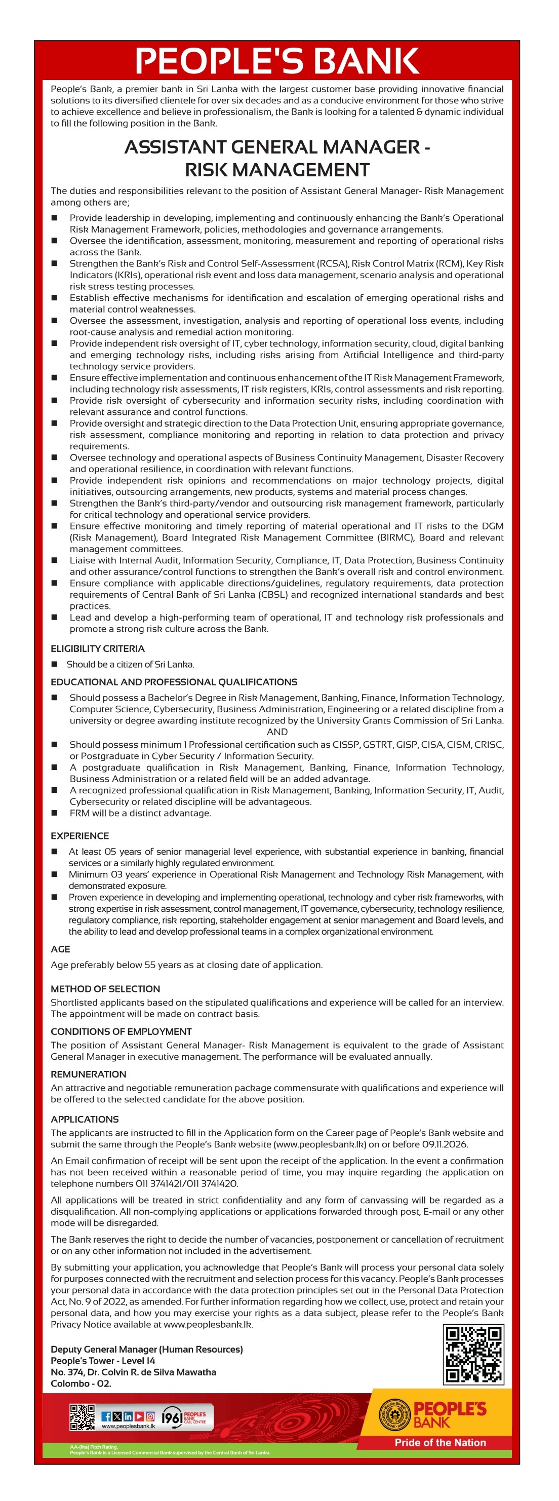 Assistant General Manager (Risk Management) - People's Bank job notice