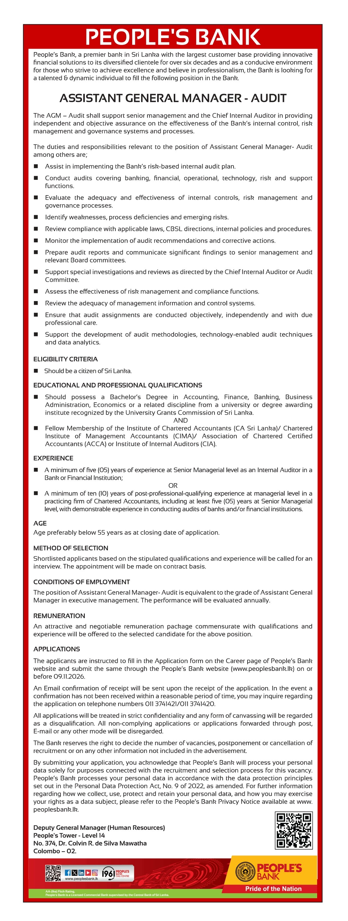 Assistant General Manager (Audit) - People's Bank job notice