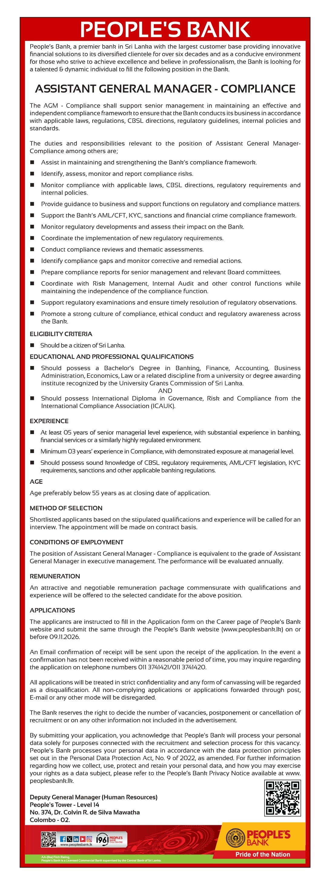 Assistant General Manager (Compliance) - People's Bank job notice