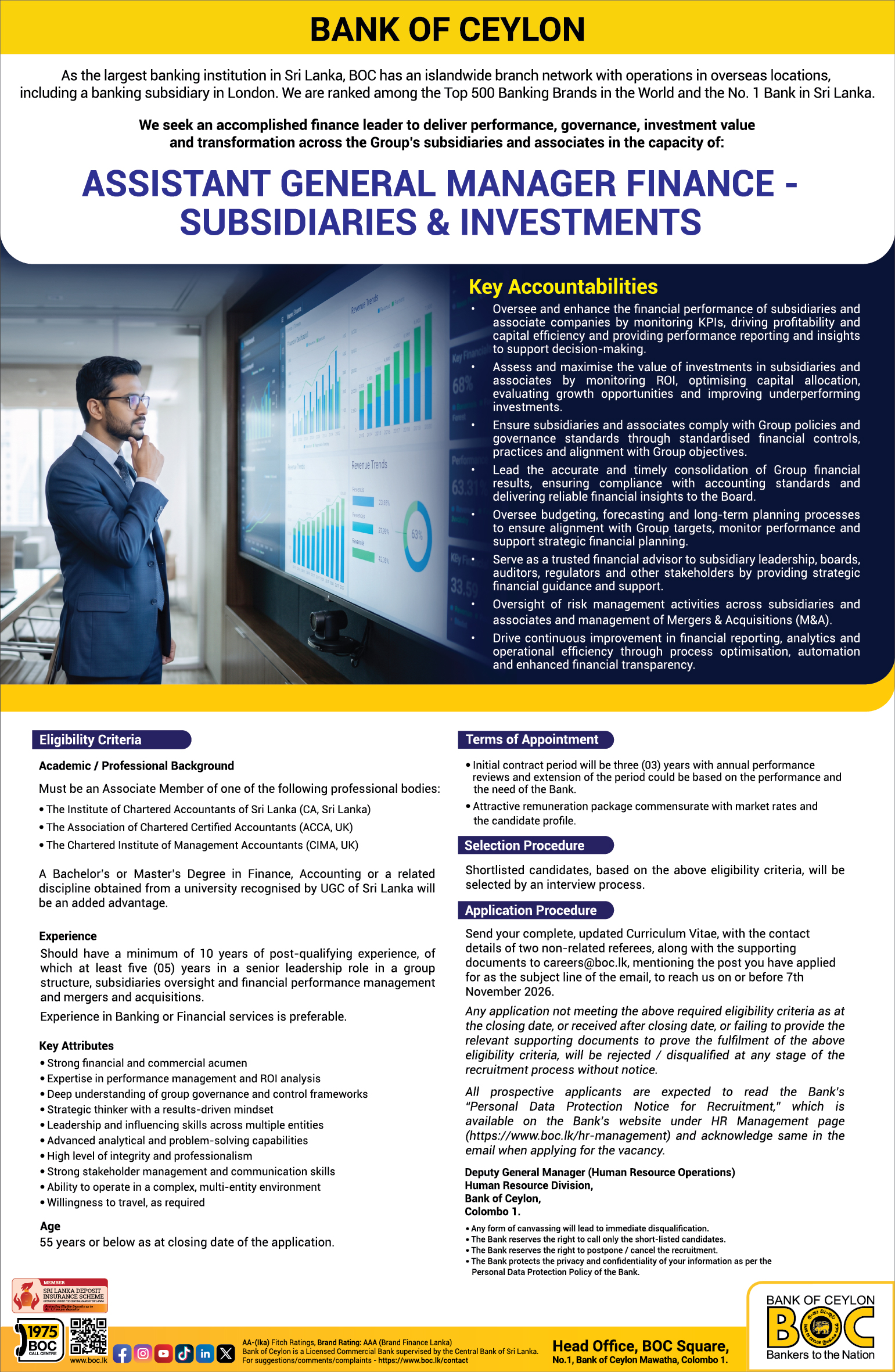 Assistant General Manager Finance - Bank of Ceylon job notice