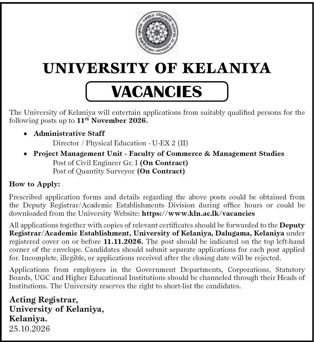 Director, Civil Engineer, Quantity Surveyor - University of Kelaniya job notice