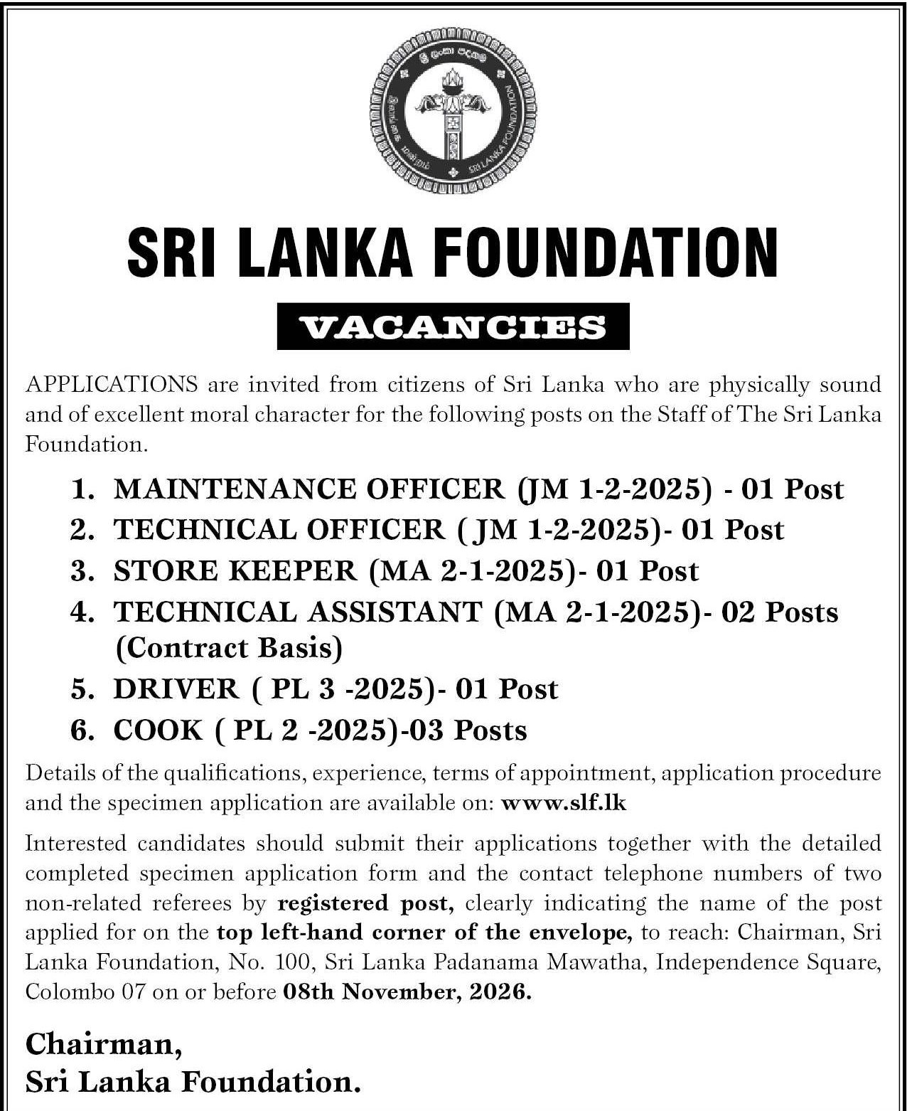 Maintenance Officer, Technical Officer, Driver - Sri Lanka Foundation job notice