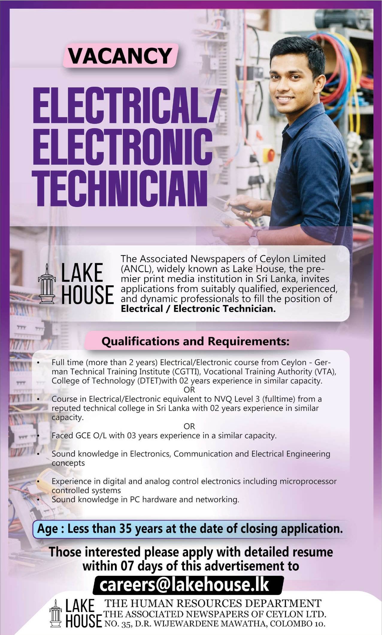 Electrical and Electronic Technician - Lake House job notice