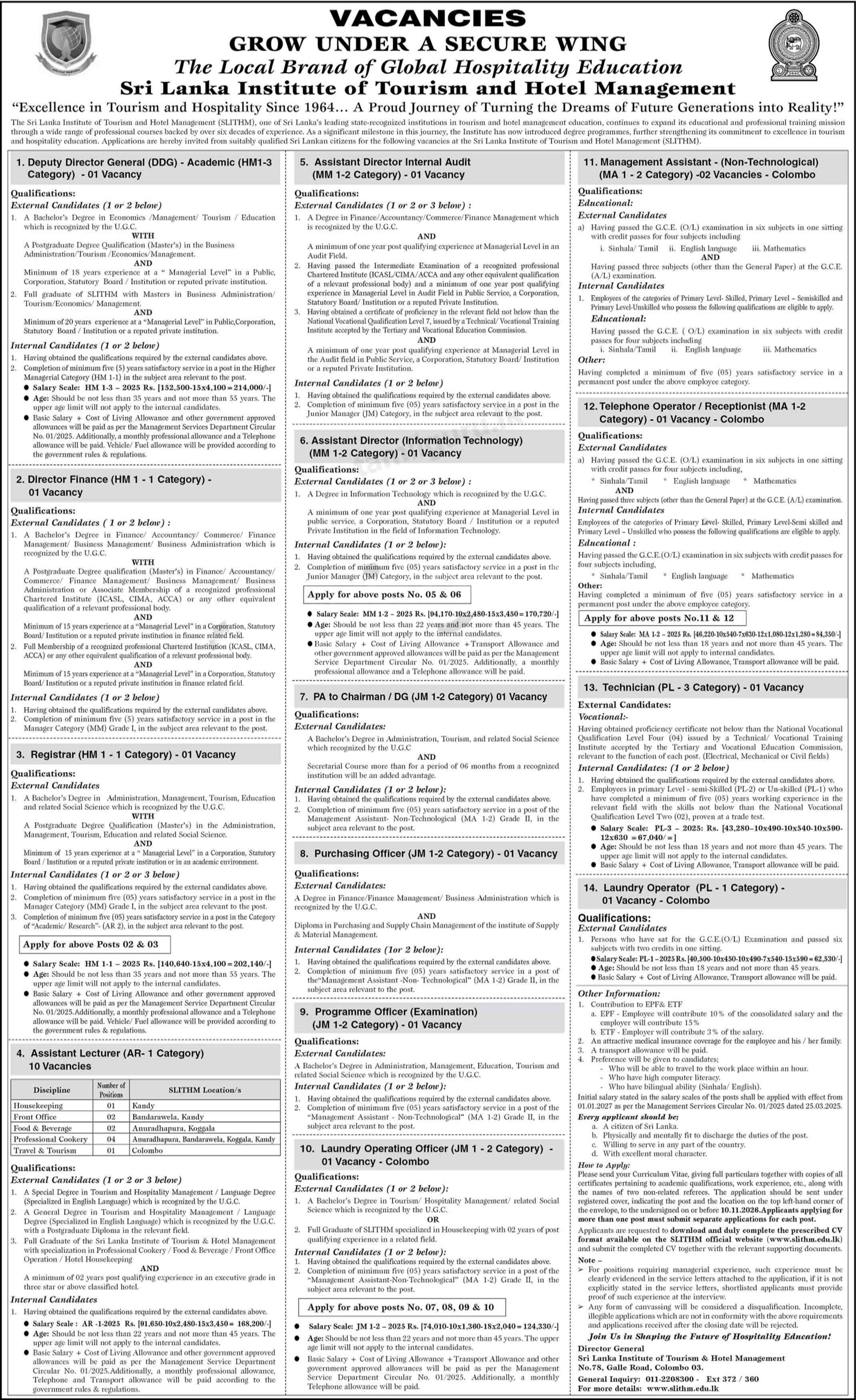 Management Assistan, Deputy Director General, Registrar - Sri Lanka Institute of Tourism & Hotel Management job notice