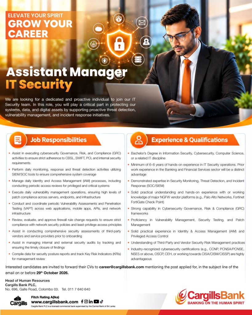 Assistant Manager - IT Security    - Cargills Bank PLC job notice
