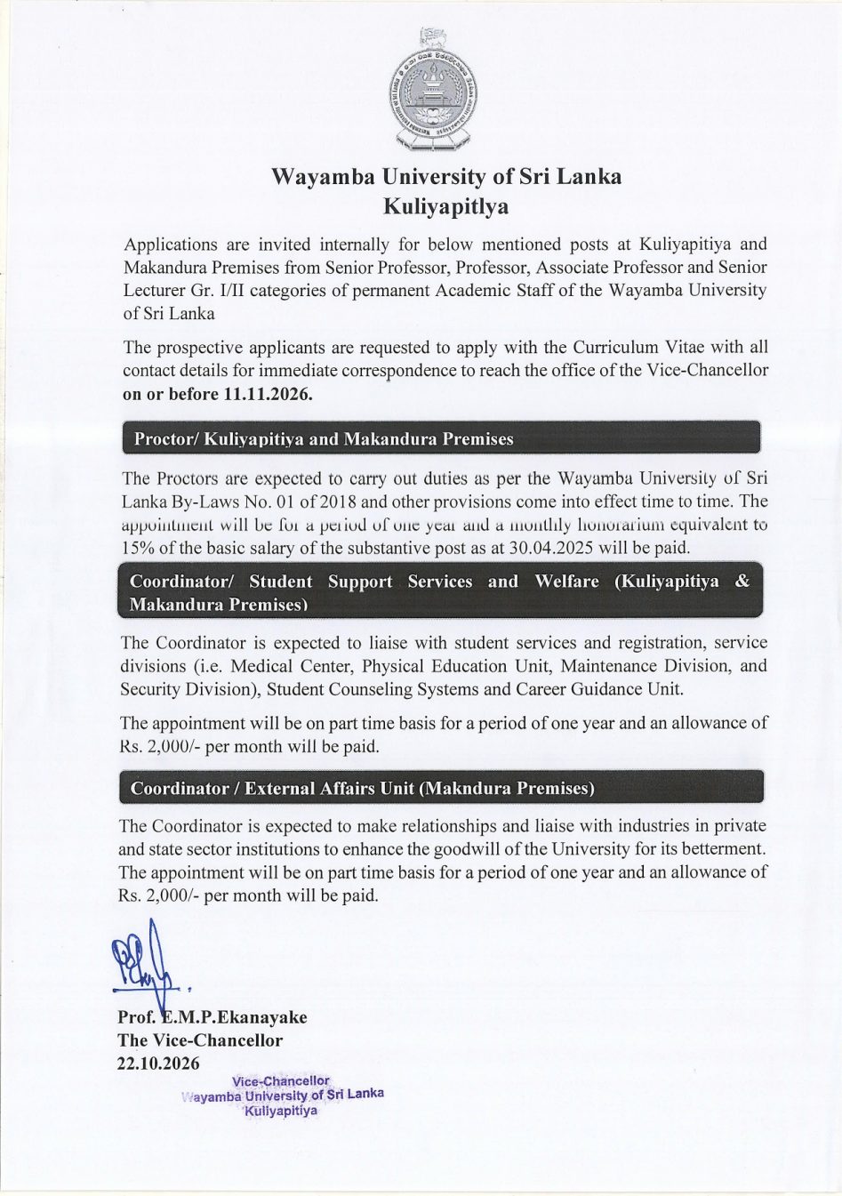 Proctor, Coordinator - Wayamba University of Sri Lanka job notice