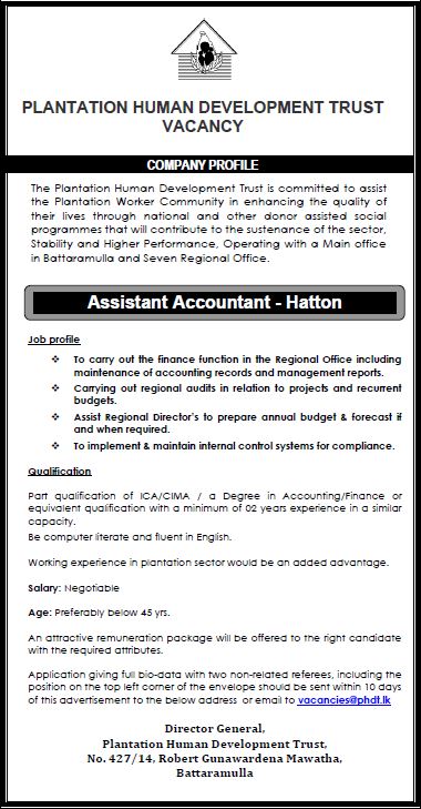 Assistant Accountant - Plantation Human Development Trust job notice