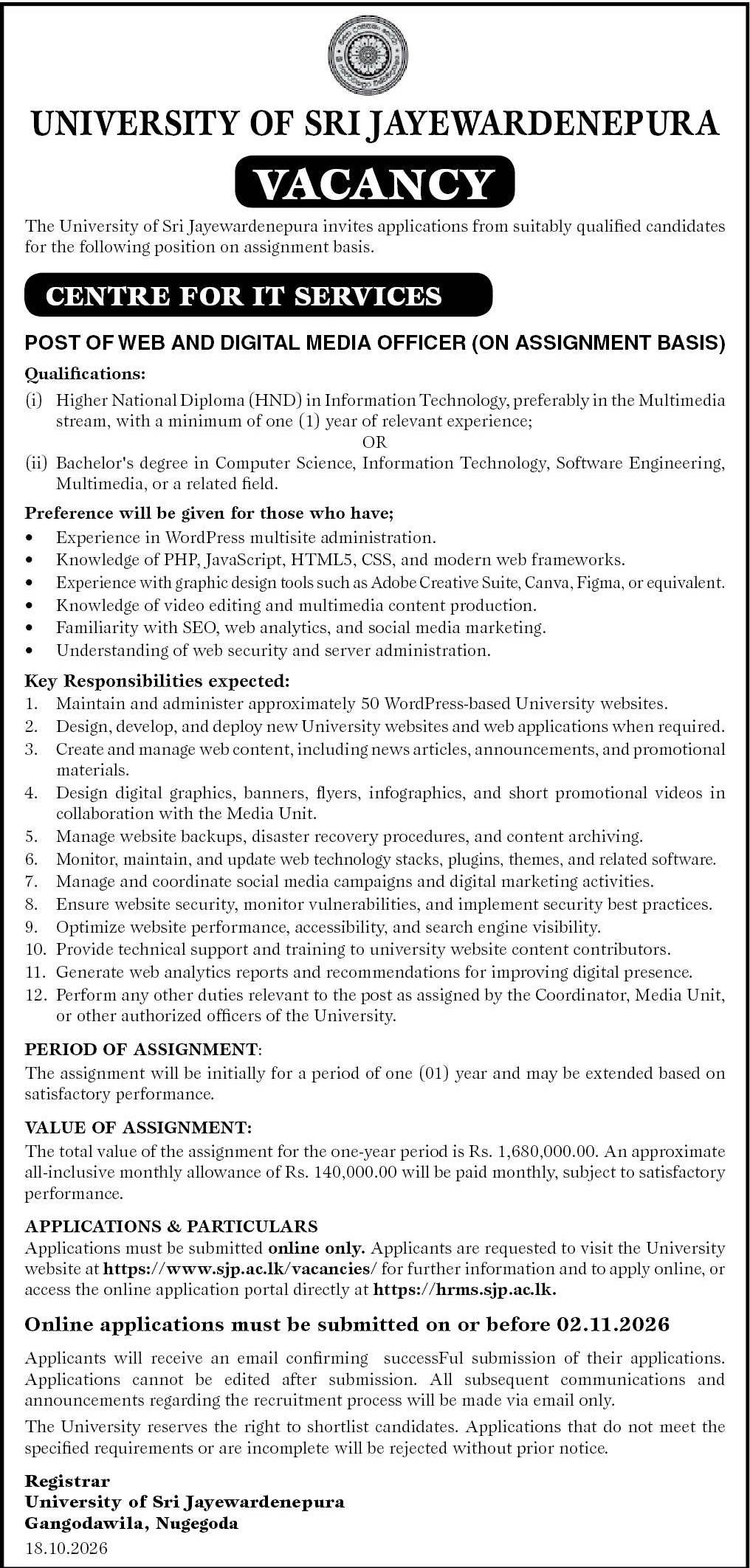 Web and Digital Media Officer - University of Sri Jayewardenepura job notice