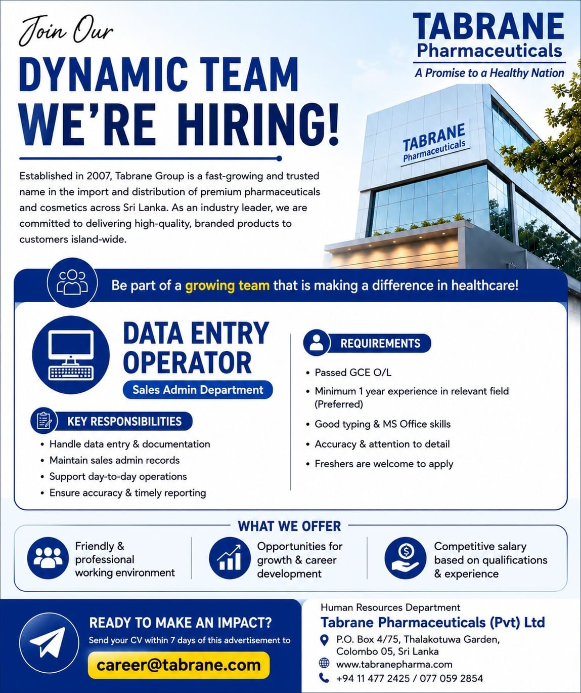Data Entry Operator - Tabrane Pharmaceuticals job notice