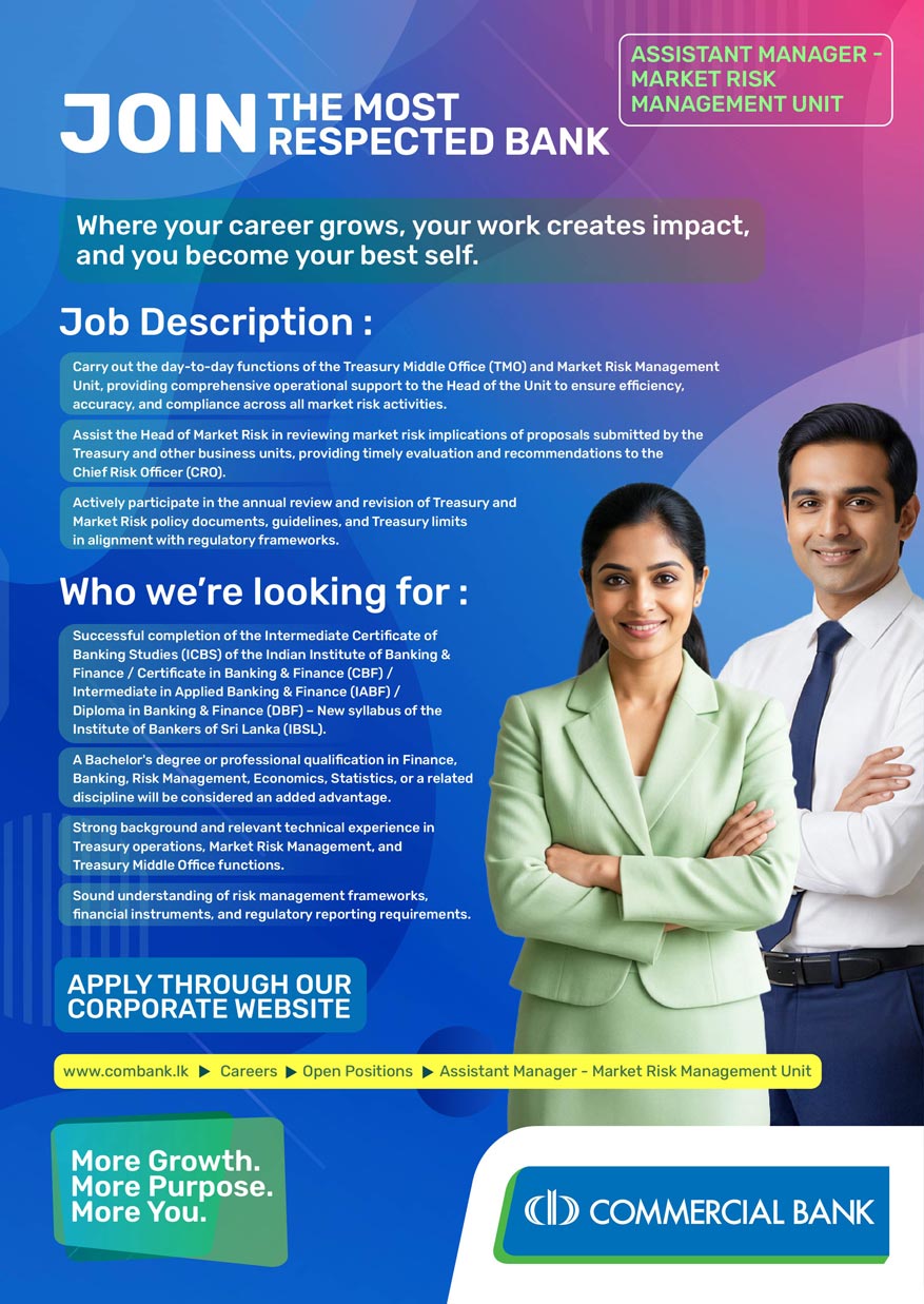 Assistant Manager - Market Risk Management Unit - Commercial Bank job notice