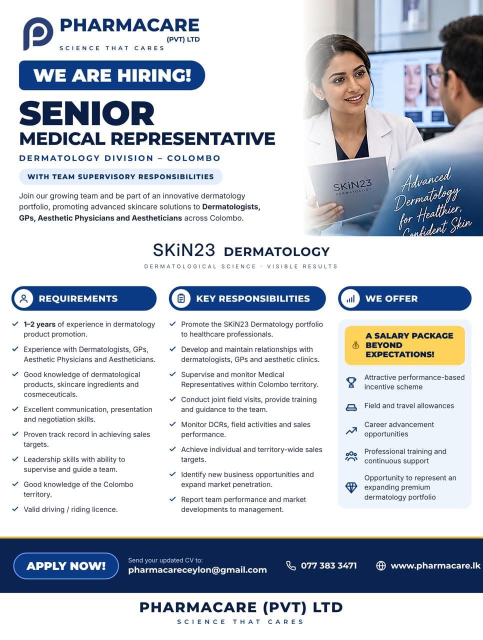 Senior Medical Representative (Dermatology Division)    - Pharmacare (Pvt) Ltd job notice