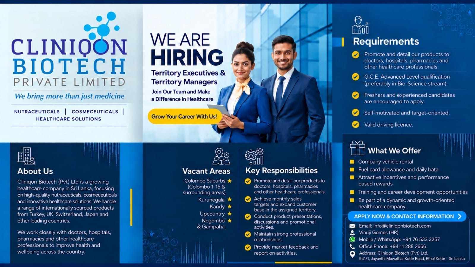 Territory Executives & Territory Managers - Cliniqon Biotech (Pvt) Ltd job notice