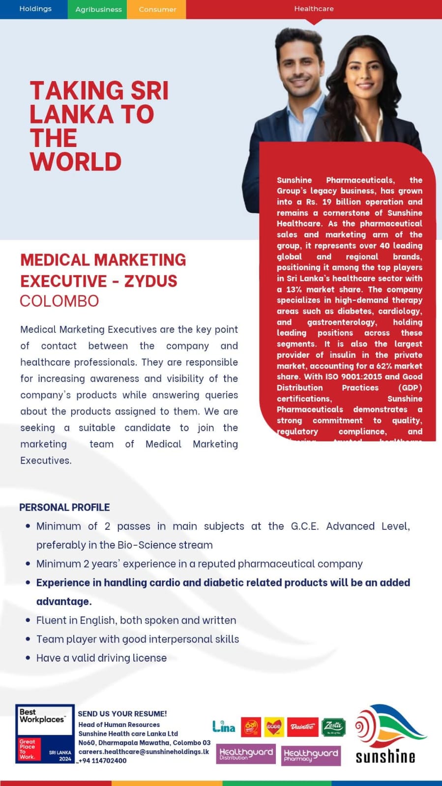 Medical Marketing Executive – Zydus - Sunshine holdings job notice