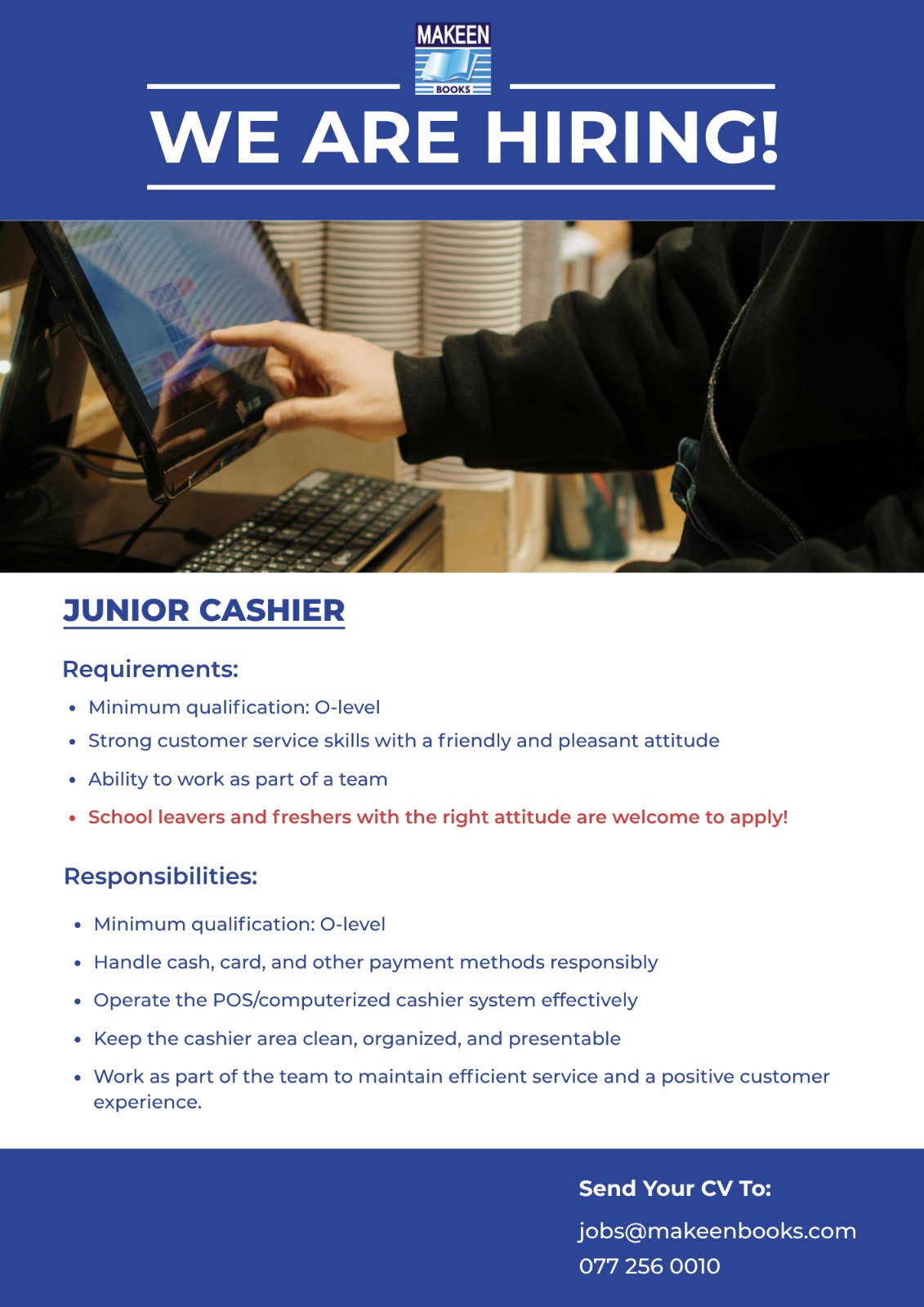Junio Cashier - Makeen Books (Pvt) Ltd job notice